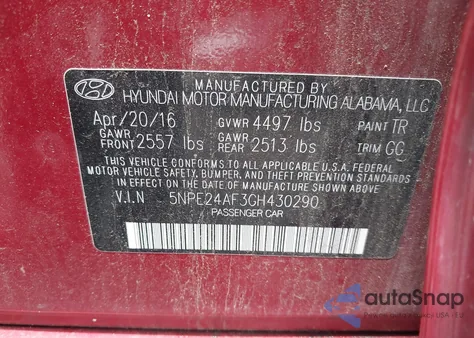 2016 Hyundai Sonata Se z USA, uszkodzony, nr VIN 5NPE24AF3GH430290